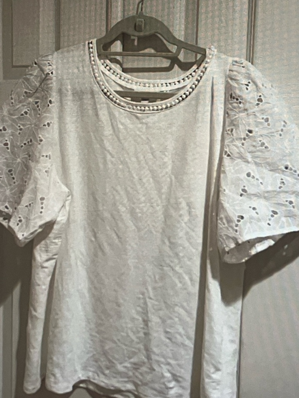 Chico's White Eyelet Puff Sleeve Knit Top with Crochet-Trim Neckline